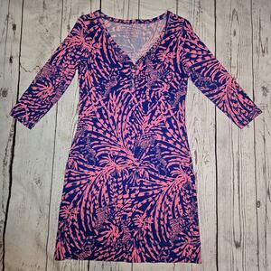 Lilly Pulitzer 100% Pima Cotton Zebra Print Dress Pink Blue V Neck gold Small